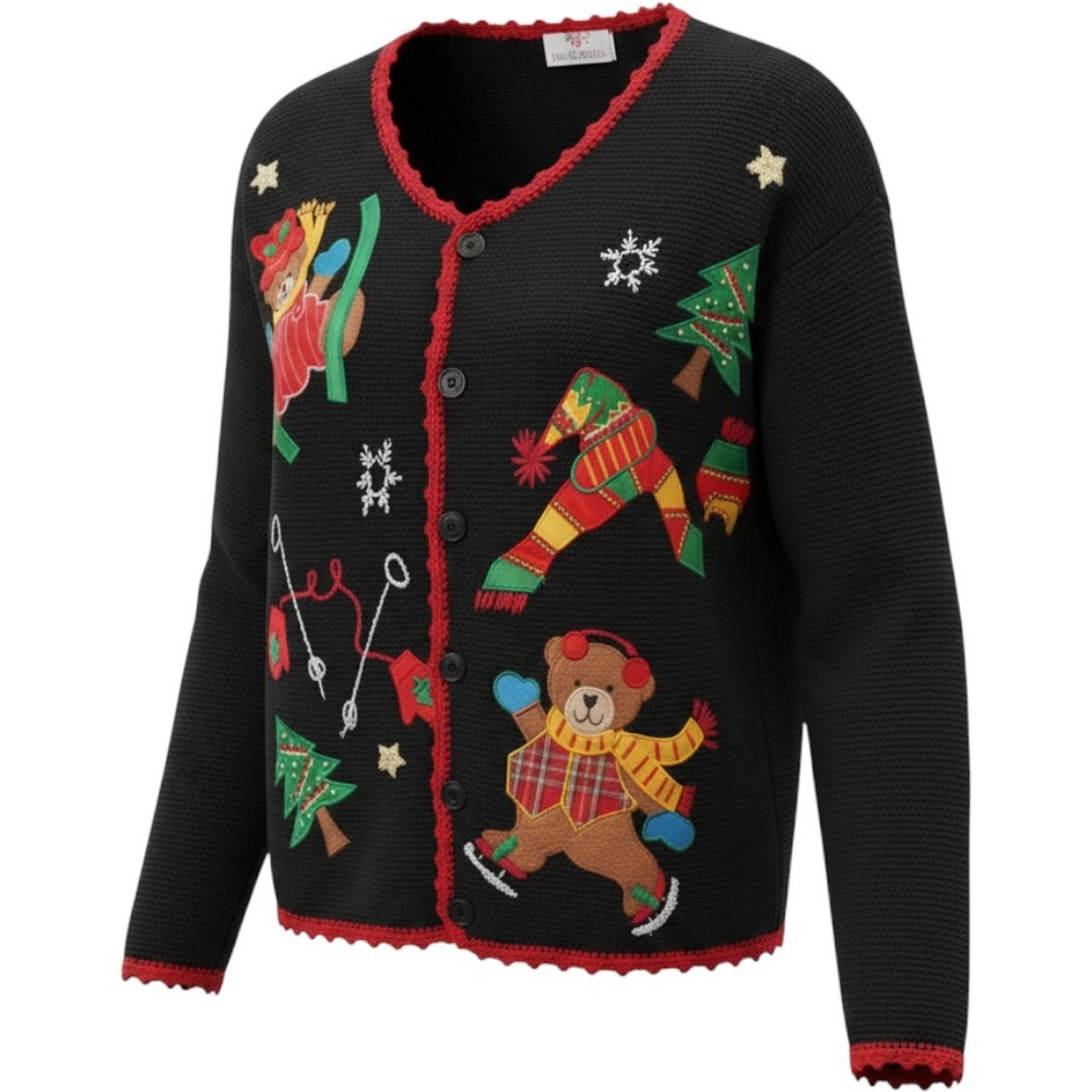 Vtg Nut Cracker Teddy Bear Christmas Tree Button‎ Up Cardigan Sweater Women XL